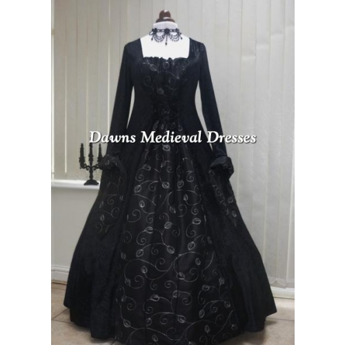 Medieval Gothic black and silver leaf taffeta dress